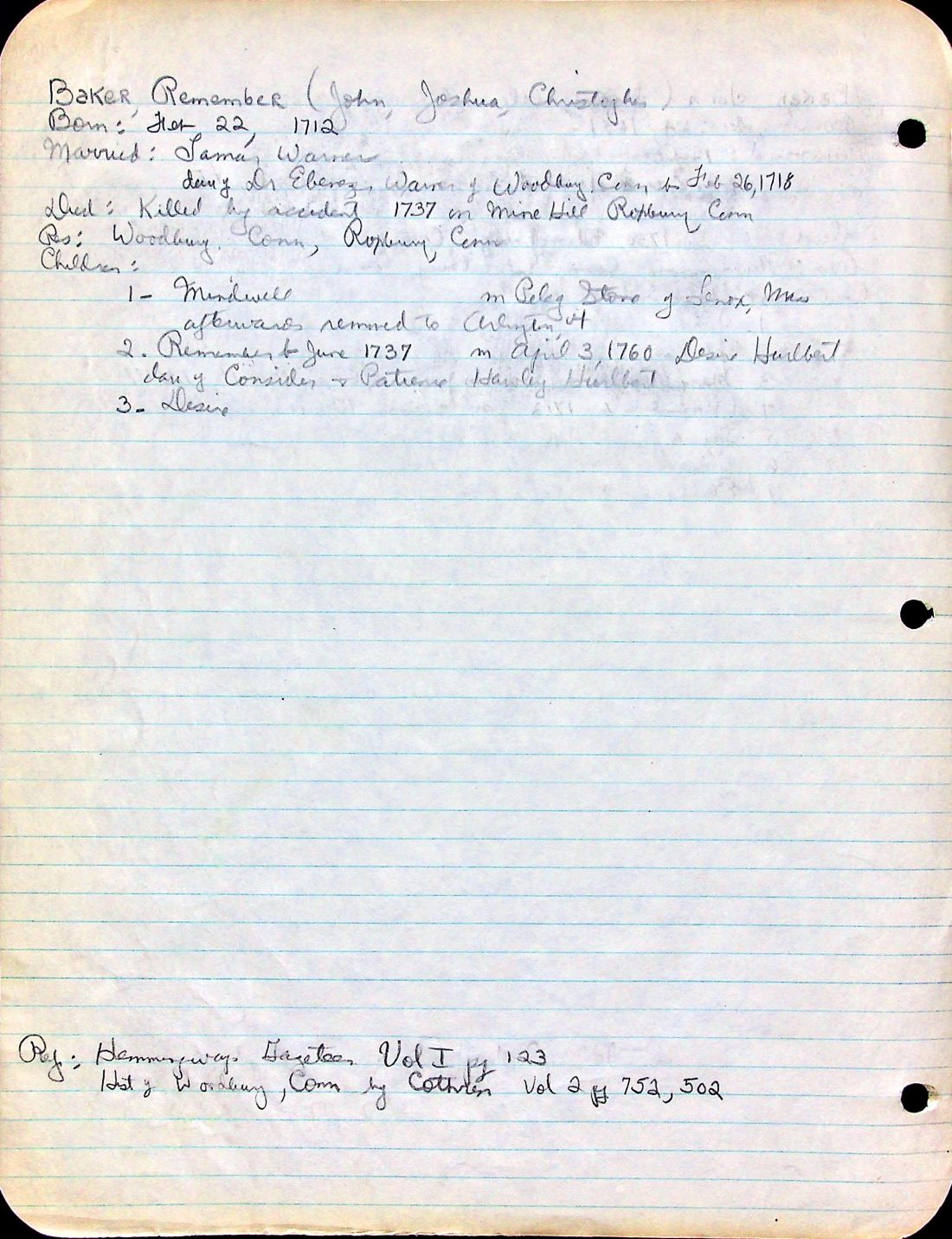 BAKER, Remember (1712 1737 Conn.) WARNER STONE HURLBURT